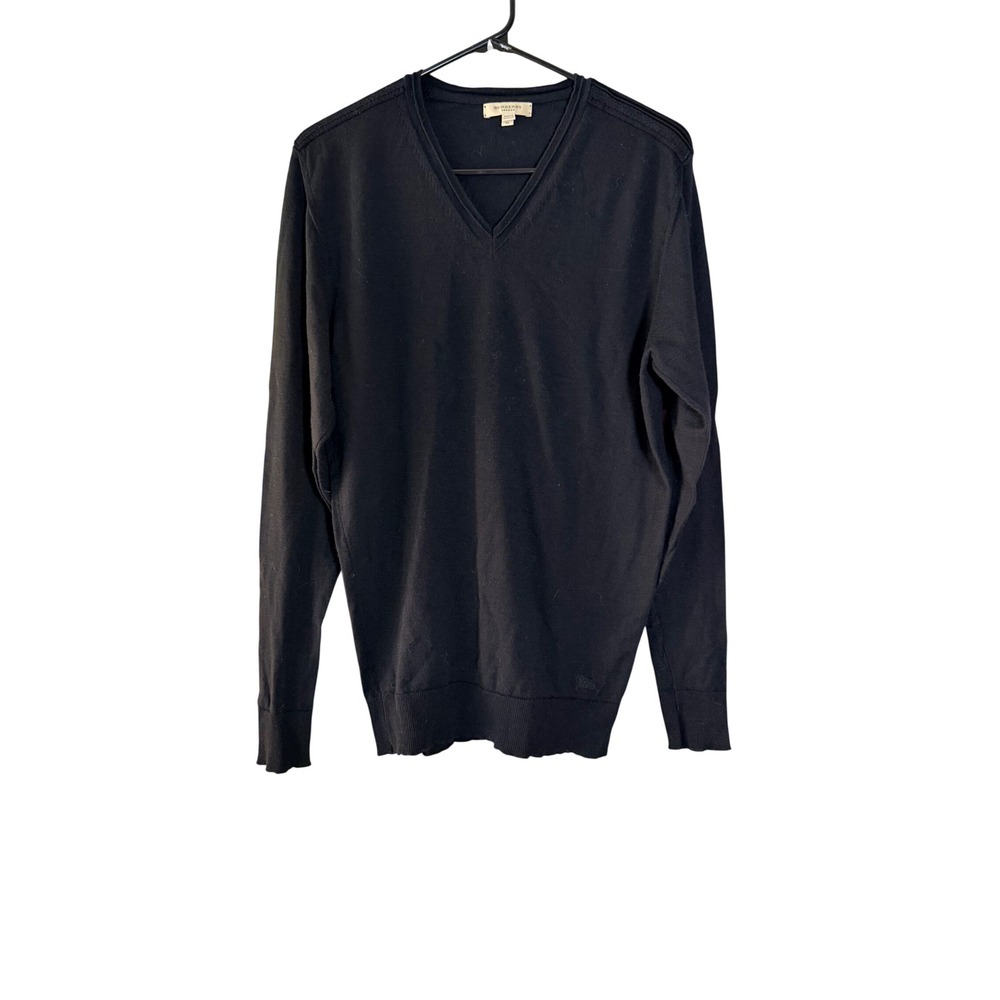 Burberry V-Neck Sweater M Black Wool Cotton Blend Logo Pullover